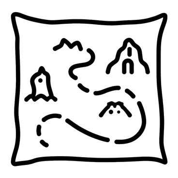 A vector treasure map featuring a winding path leading to a hidden treasure, with whimsical landmarks such as a tall palm tree, a quirky rock formation shaped like a dinosaur, and a small, bubbling volcano.