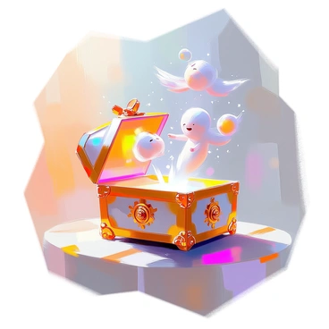 A detailed scene depicting "whimsical spirits" emerging from an ornate "Pandora's box" that is slightly open, with vibrant colors illuminating from within. The spirits, resembling ethereal figures with translucent bodies and playful expressions, are gracefully flowing out of the box. Some are swirling in the air, while others are gently ascending towards the sky, leaving trails of glimmering light behind them. The background features a soft, pastel sky transitioning from warm hues of orange and pink to deep blue, enhancing the magical atmosphere of the scene.