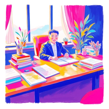 Kim Jong Un is seated at a large wooden desk. He is wearing a dark suit and a white shirt. The desk is cluttered with an array of colorful documents, stacked and spread out. Cheerful decorations, such as small potted plants and vibrant artwork, adorn the surroundings. A large window in the background lets in bright natural light, illuminating the workspace.