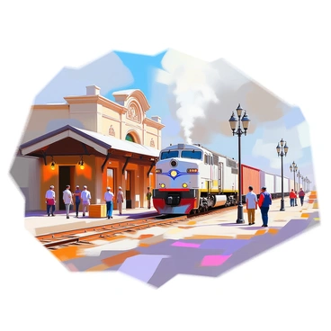 A cargo train at a historic train station with old-fashioned architecture