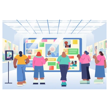 A large, modern museum exhibit is showcased in a spacious room with high ceilings. The exhibit features a sleek, interactive digital screen that displays various art pieces and information. The screen is surrounded by an array of dynamic, colorful lights that change based on visitor engagement. To the side, a facial recognition system with a small camera is mounted on a stand, scanning the faces of visitors. Groups of diverse people are gathered around, with expressions of curiosity and excitement as the content on the screen shifts in real-time to reflect their interests. The walls of the exhibit are adorned with vibrant artwork, creating an inviting atmosphere for exploration and discovery.