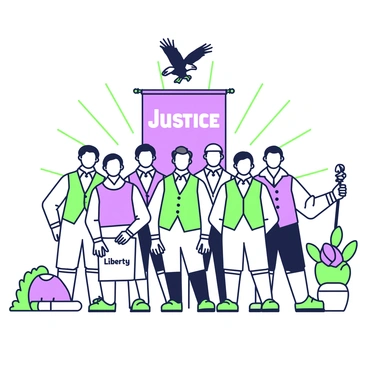 An illustration shows a group of delegates standing in a circular formation at a convention. Each delegate is dressed in period-appropriate attire, including vests, waistcoats, and breeches. Surrounding them are various symbols of freedom, such as an open scroll with the text “Liberty” written on it, a pair of clasped hands representing unity, and a soaring eagle perched atop a staff. In the background, a large banner displaying the word “Justice” can be seen, while rays of light emanate from behind the delegates, creating a focal point on their figures.