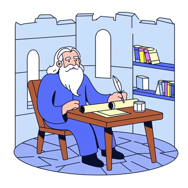 A wise old wizard with a long white beard is sitting at a wooden table. He is wearing a dark blue robe adorned with silver stars. The table is cluttered with several ancient scrolls and a quill pen lying beside an inkwell. In the background, there are tall stone walls of a tower, with narrow windows that let in beams of light, illuminating dust motes in the air. The floor is made of cobblestones, and a small bookshelf filled with more scrolls is visible to one side.
