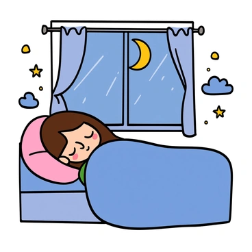 A girl with light skin and long brown hair lies peacefully in her bed, surrounded by soft pillows and a cozy blanket. She has big eyes closed in a serene expression, lost in a dream. Moonlight streams through the window, casting silvery beams across her face and illuminating the room with a gentle glow. The window has sheer curtains that flutter slightly in the evening breeze, adding a touch of movement to the scene. The walls are softly painted, and there are small decorations like stars and clouds around her, enhancing the dreamy atmosphere.