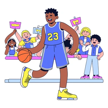 A rookie basketball player on the court, wearing a bright blue jersey with the number "23" printed on it. The player has a wide smile, showcasing excitement for their debut. They are dribbling a shiny orange basketball while standing on a polished wooden court. In the background, there are cheering fans holding colorful banners. The player's sneakers have a sleek design with vibrant colors that match the jersey. The scene captures the dynamic energy of the moment.