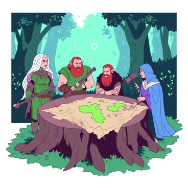 A group of diverse fantasy heroes is gathered in a lush, mystical forest. The heroes include an elf with long silver hair wearing green armor, a muscular dwarf with a red beard wielding an axe, a human sorceress dressed in a flowing blue robe, and a fierce orc with tribal tattoos and a large sword. They are huddled around a large, ancient tree stump that serves as a makeshift table, spread with a detailed map of the area. The forest is filled with towering trees, glowing plants, and soft shafts of light filtering through the leaves. Each hero is intensely focused, discussing their strategies with determined expressions.