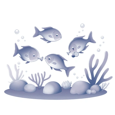 A group of small fish swimming in a coral reef. Each fish is holding or playing a different tiny musical instrument. One fish has a miniature trumpet, another is strumming a tiny guitar, while a third is playing a small drum. The underwater scene is filled with colorful corals and sea plants surrounding the playful fish. Bubbles rise as they interact with each other, creating a lively atmosphere in the aquatic environment.