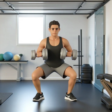 A person, wearing a black tank top, gray shorts, and black athletic shoes, is performing dumbbell squats in a garage converted into a gym. The individual is holding a pair of silver dumbbells at shoulder height, with a focused expression. The garage features various gym equipment, including a weight bench, a barbell rack, and a large mirror on one wall. The floor is covered with black rubber mats, and the walls are painted in a simple light gray color. Natural light streams in through a small window, illuminating the area as the person squats down, legs bent and back straight, showcasing their form and strength.