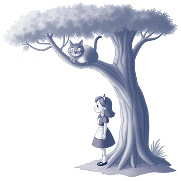 A young girl named Alice is standing beneath a large, gnarled tree. She has a curious expression on her face as she engages in conversation. Perched comfortably on a thick branch above her is the Cheshire Cat, with a wide grin and mischievous eyes. The cat's body is mostly obscured by the leaves of the tree, but its distinctive smile and ears are clearly visible. The background features a whimsical forest atmosphere, with detailed foliage and textured bark surrounding them, enhancing the sense of an imaginative setting.