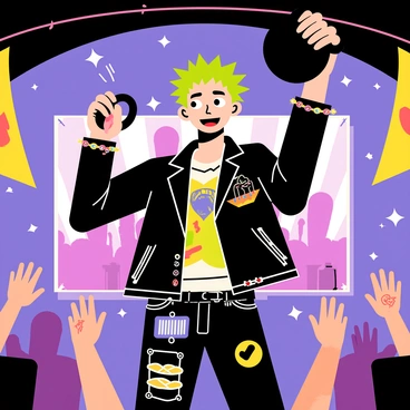 A punk rocker with spiky green hair is lifting a heavy black kettlebell above his head. He is wearing a black leather jacket adorned with colorful patches and chains. The concert setting is filled with bright, flashing lights and a cheering crowd in the background. Colorful banners hang from the stage, and speakers are positioned around, projecting sound waves. The atmosphere is energetic and lively, with people dancing and enjoying the performance.