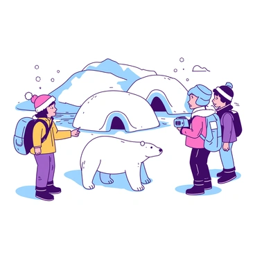 A group of young explorers, wearing colorful jackets and snow boots, is observing a white polar bear standing on a snowy surface. One of the explorers is holding a blue camera, capturing the moment, while another one is pointing excitedly at the bear. In the background, there are two traditional igloos made of snow, sitting against a backdrop of white mountains under a pale sky. Snowflakes are gently falling around them, adding to the winter atmosphere of the scene.