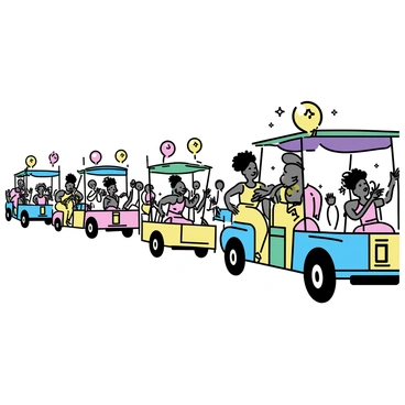 Colorful floats adorned with vibrant decorations and patterns are lined up along the parade route in Kingston. Various performers are showcasing their talents, dressed in bright costumes with feathers and sequins. Some performers are dancing energetically, while others are playing musical instruments, creating a lively atmosphere. Spectators are gathered along the sides, smiling and clapping as they enjoy the festive celebration. The scene is filled with an array of colors, with balloons and banners enhancing the joyful environment.