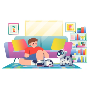 A child with short brown hair is playing with a friendly robot pet in a cartoon-style living room. The robot pet is small and round, with bright blue eyes and a shiny silver exterior, resembling a playful puppy. The child is wearing a red t-shirt and denim shorts, sitting on a colorful, patterned rug. Surrounding them are a couch with oversized cushions in vibrant colors, a large window letting in warm sunlight, and a bookshelf filled with various toys and books. On the walls, there are cheerful decorations and artwork, adding to the lively atmosphere of the room.
