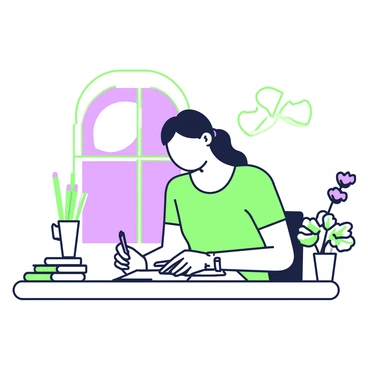 A housewife is sitting at a writing desk, focusing intently on writing a letter. She has long hair tied back and is wearing a simple dress. The desk is adorned with vintage stationery, including a floral-patterned notepad and an ornate ink pen resting beside it. To her right, there is a small vase with fresh flowers, adding a touch of charm to her workspace. Behind her, a window is open, allowing soft light to illuminate the scene. A few books are stacked neatly on the desk alongside a cup holding green pencils.