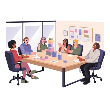 A digital flat illustration depicting a group of office employees participating in a fun team-building exercise in a bright conference room. There are six employees of diverse backgrounds, two men and four women, gathered around a large table covered with colorful props and materials for games. One man, with short brown hair and wearing a blue shirt, is laughing while balancing a stack of colorful blocks on his head. A woman with curly black hair and wearing a red blouse is clapping her hands in excitement. Another woman with straight blonde hair, wearing a green dress, is taking notes on a notepad. The room features large windows letting in natural light, and there is a whiteboard with colorful markers and drawings visible in the background. On the walls, motivational posters in bright colors add to the lively atmosphere. The overall mood conveys teamwork and enjoyment.