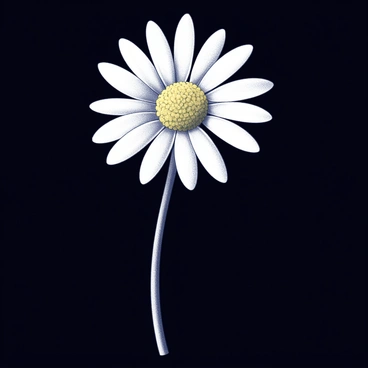 A single daisy flower with white petals and a yellow center is positioned prominently in the center of the image. The daisy stands out sharply against a stark black background, creating a strong contrast that highlights the details of its structure. The petals are delicately shaped, radiating outward from the central disc, which is textured and composed of small, tightly clustered florets. The overall composition draws attention to the simplicity and beauty of the flower in isolation.