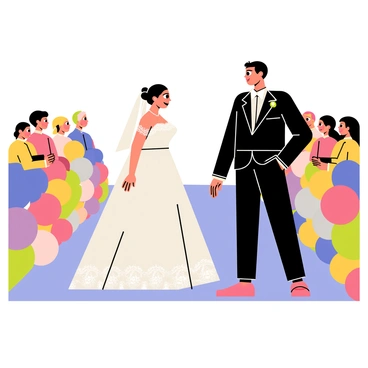 A cartoon groom with short black hair, wearing a classic black tuxedo and a white bow tie, stands at the altar. His eyes widen and his mouth forms a smile as he gazes at his bride. The bride, wearing a flowing white wedding gown with lace details, walks down the aisle, her veil gently billowing behind her. Flowers in pastel colors are arranged along the aisle, while colorful decorations adorn the venue. The scene is filled with joyful expressions from the guests witnessing the moment. The groom's look of amazement captures the emotion of seeing his bride for the first time.