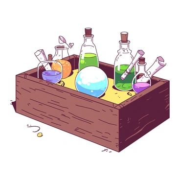 A wooden box sits on a rustic wooden table, filled with various colorful potions in glass bottles. Each potion has a distinct shape and color, with some emitting faint glows. Scrolls of varying sizes are neatly rolled and tied with twine, scattered haphazardly around the potions. At the center of the box, a glowing crystal orb radiates soft light, casting gentle shadows on the surrounding items. The intricate carvings on the surface of the wooden box are visible, adding to its magical appearance.