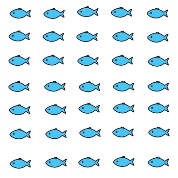 A minimalistic drawing featuring a series of repeating patterns of "blue fish." Each fish is depicted in a simplistic style, seamlessly arranged in a grid formation. The fish have streamlined bodies and are oriented in various directions, creating a rhythmic flow throughout the image. The background is a solid white, enhancing the visibility of the blue fish patterns.