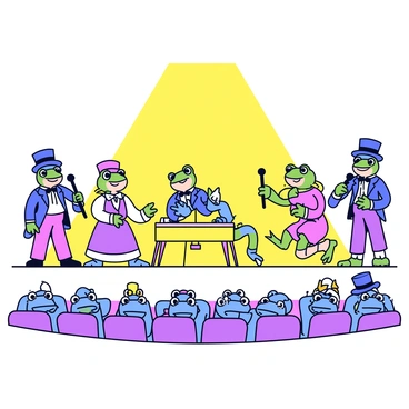 A brightly lit stage featuring a variety of frogs performing in lively poses. Some frogs are dressed in colorful Victorian clothing, such as waistcoats and top hats, while others wear elegant dresses. On the stage, a frog is playing a tiny piano, while another is singing into a small microphone. The audience is made up of frogs sitting in rows, each with distinct expressions of joy and excitement. The background shows a simple curtain design, enhancing the focus on the performance.