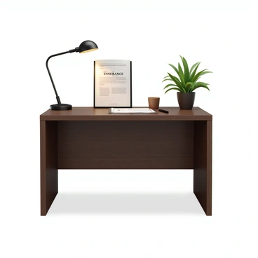 A home office desk made of dark wood with a smooth surface. On the desk, there is a neat folder labeled "Insurance Policies" in bold letters. The folder is a standard size, made of a sturdy material, and has a classic design. Beside the folder, there is a sleek black pen lying horizontally. In the background, there is a stylish desk lamp with a warm light and a small potted plant with green leaves, adding a touch of nature to the workspace.