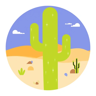 A vibrant green cactus with a tall, upright structure is adorned with small emerald stones embedded in its surface. The cactus is set against a backdrop of a warm desert landscape. Soft, golden sand dunes roll gently in the distance, contrasting with the deep blue sky overhead. Sparse vegetation and small rocks are scattered throughout the scene, enhancing the arid atmosphere of the desert. A few wispy clouds float lazily in the sky, adding a touch of movement to the tranquil environment.