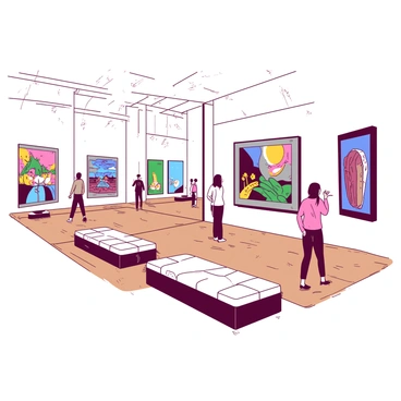 A large gallery room in a museum features several walls adorned with large framed illustrations of various styles. Each frame is distinct, showcasing colorful artworks that capture different themes and techniques. The floor is polished wood, and there are sleek benches placed strategically for visitors to sit and admire the art. Bright lighting floods the space, highlighting the intricate details of each illustration. The room also has tall windows that allow natural light to filter in, creating a welcoming atmosphere for the visitors exploring the collection.