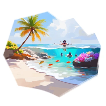 A picturesque beach scene featuring soft, white sand stretching along the shore, with gentle waves lapping at the edge. In the clear turquoise water, several snorkelers are visible, wearing bright-colored snorkels and masks. They are exploring a vibrant coral reef teeming with various species of fish, their scales glistening in the sunlight. The reef is adorned with brilliant corals in shades of pink, purple, and orange, creating a lively underwater landscape. Above the water, a few palm trees sway gently in the breeze, framing the scene beautifully.
