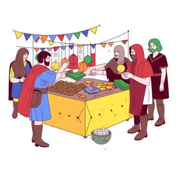 A yellow market stand is filled with various resource tokens, including wood, stone, and food. Four settlers, each dressed in unique attire, gather around the stand, actively exchanging their tokens. One settler, wearing a blue tunic, hands over a stack of green wood tokens to another settler in a red cloak, who is offering a handful of orange food tokens in return. The market is vibrant, with several other stands in the background, showcasing different resources and items. Brightly colored banners flutter above, adding to the lively atmosphere of the market scene.