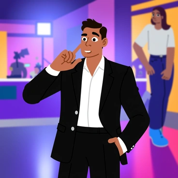 Neymar, dressed in a stylish outfit, is captured mid-action in a dramatic movie scene. He is wearing a tailored black jacket over a white shirt, with a confident expression on his face. The background of the set features bright lights and vibrant colors, emphasizing the cinematic atmosphere. His pose suggests he’s delivering an intense line, showcasing his versatility as an actor. A camera crew can be seen in the distance, highlighting the film production environment.