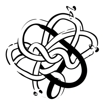 A series of interlocking knots and loops resembling a cleat hitch, intricately woven together in a dynamic composition. The illustration features prominent lines that curve and spiral, creating a sense of movement and complexity. Various shapes, resembling geometric forms, intertwine throughout the design, adding depth and dimension. The overall layout is balanced, showcasing the interconnectedness of the knots against a stark background.