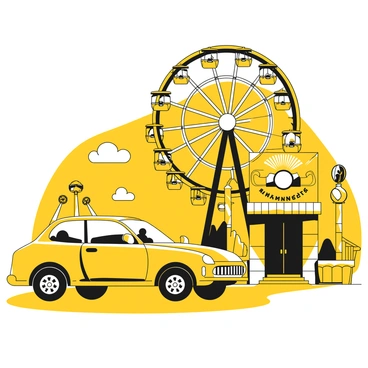 A car parked in front of a vibrant amusement park with a Ferris wheel in the background