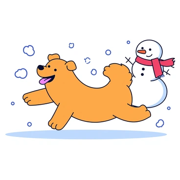 A fluffy chow chow with thick, orange fur is playing in freshly fallen snow. The dog has a joyful expression, its tongue out and paws lifted as it leaps through the snowflakes. In the background, there is a cheerful snowman with a carrot nose and a red scarf wrapped around its neck. The snowman has a friendly smile, and its coal eyes add to its character. The scene captures a bright, wintry day with soft sunlight glistening on the snow.