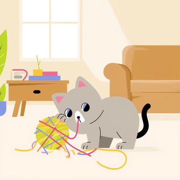 A playful kitten with fluffy gray fur and bright blue eyes is tangled in a multicolored ball of yarn. The living room features a soft beige carpet and a comfortable brown sofa in the background. A wooden coffee table is placed nearby, adorned with a few books and a small potted plant. Sunlight streams in through a window, illuminating the scene and creating a warm, inviting atmosphere. The kitten is playfully pawing at the yarn, looking curiously at the colorful strands.