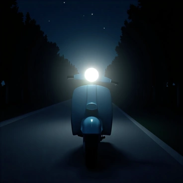 A glowing moped headlight cutting through the darkness on a calm nighttime ride
