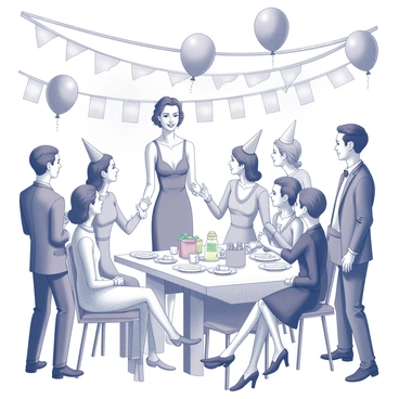 A festive scene where Mrs. Dalloway celebrates a special occasion with balloons and cheerful decorations.