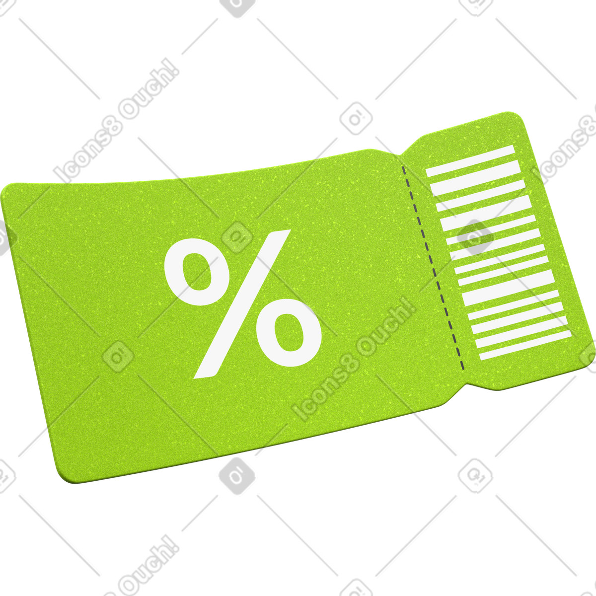 Sale coupon voucher, green ticket with barcode, shopping offer illustration in 3D Enterprise style download in PNG, SVG