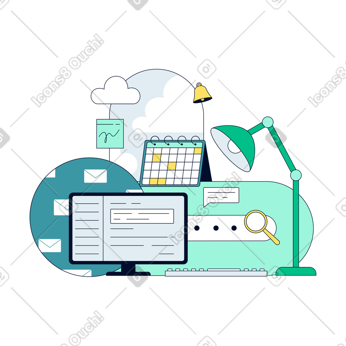 Workspace with calendar, computer and desk lamp illustration in PNG, SVG