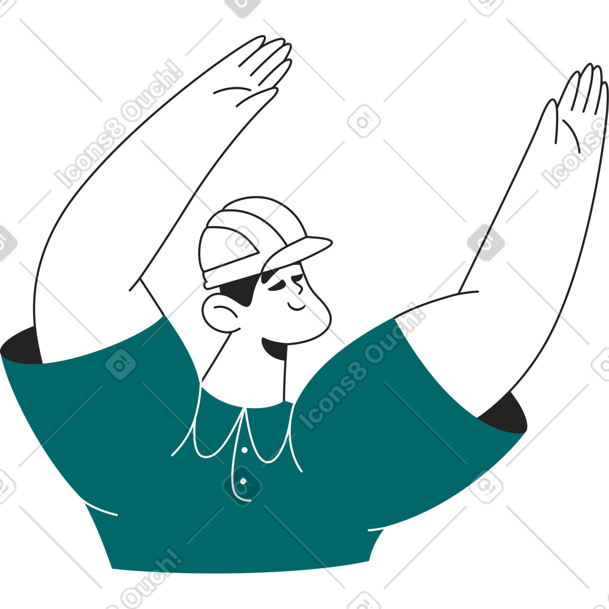 Ilustración Hombre con casco levantó las manos en estilo Sammy Line a descargar en PNG y SVG
