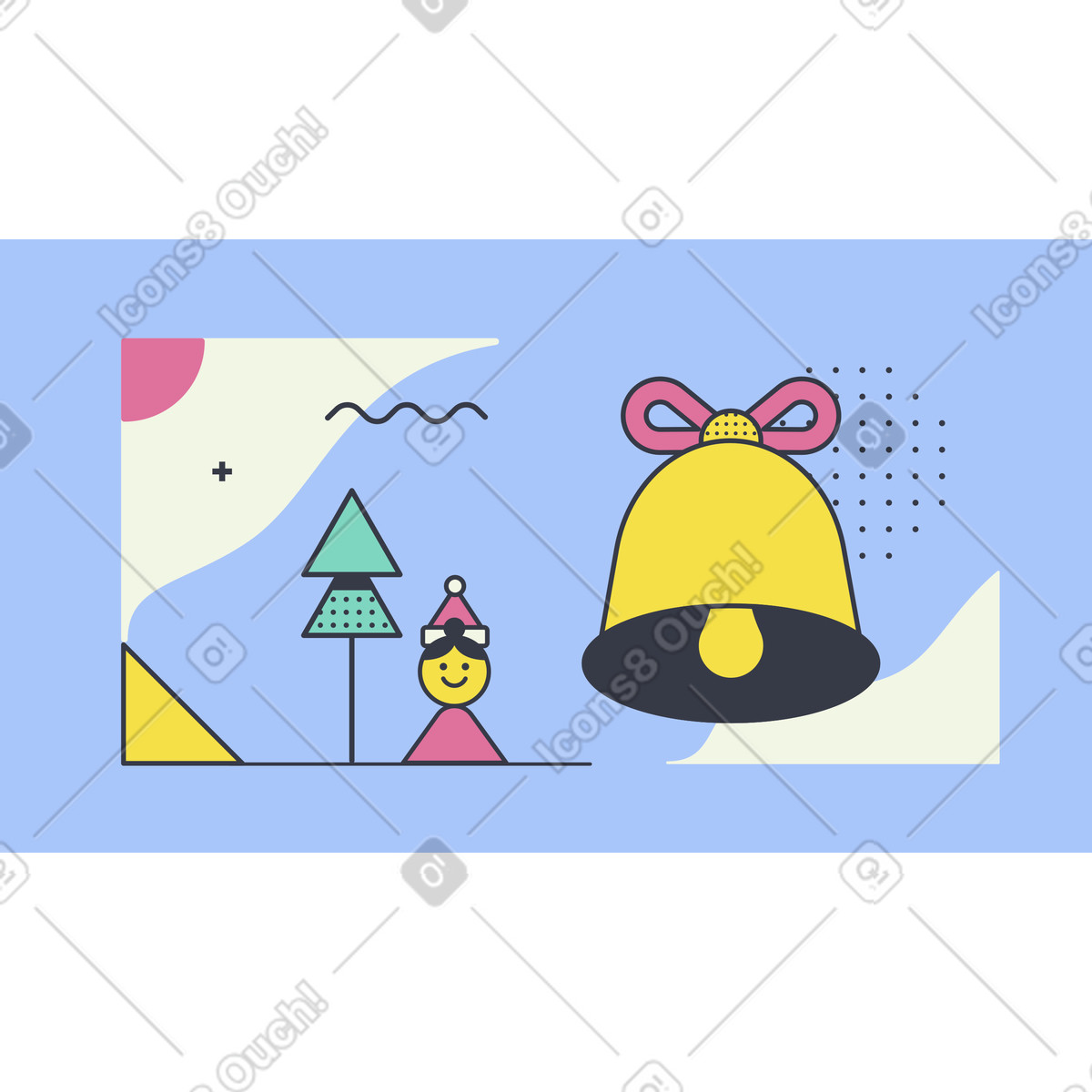 Cheerful holiday character beside large christmas bell, winter celebration illustration in Abstract style download in PNG, SVG