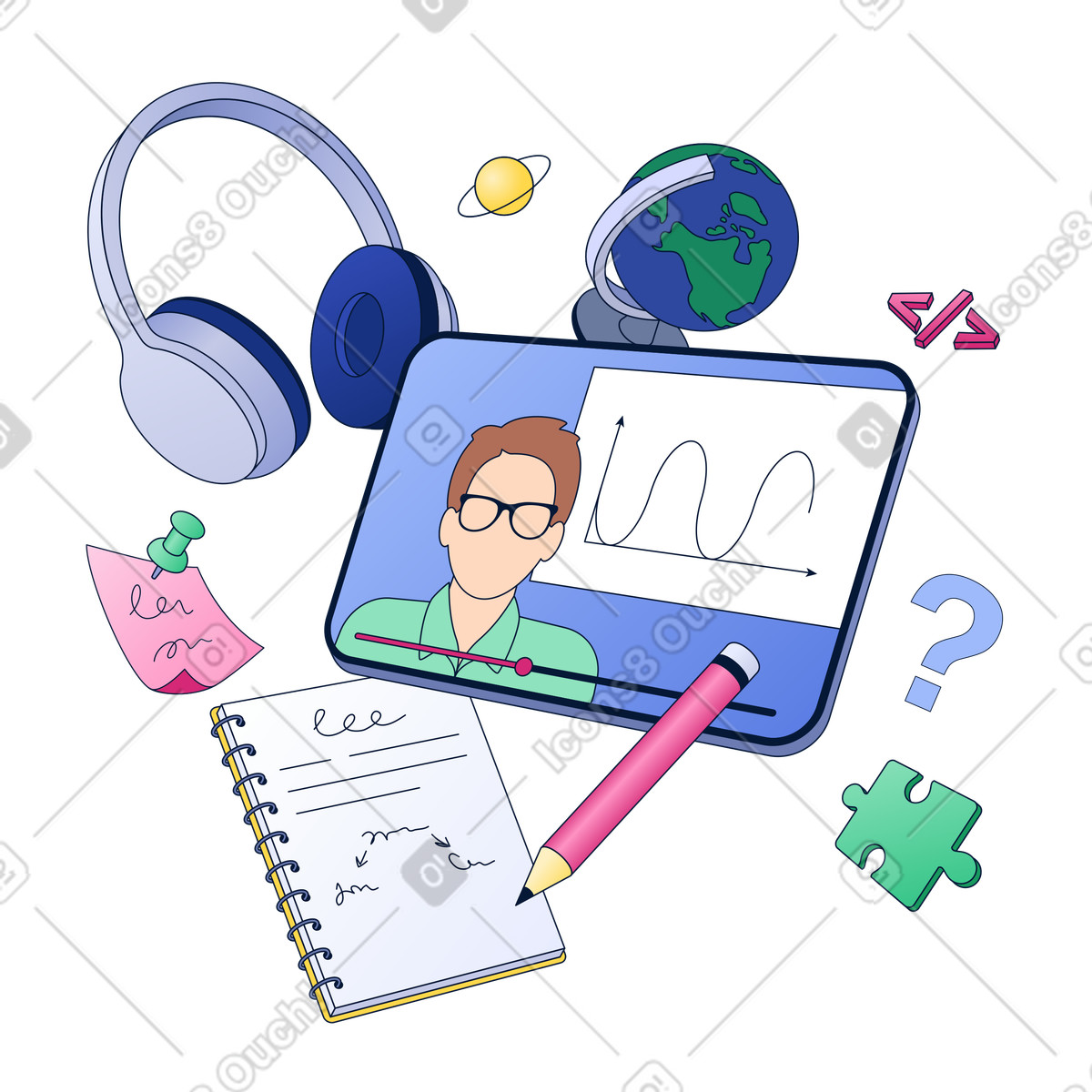 Headphones, notebook, and educational video on tablet screen, Home study and virtual classroom illustration in Neat style download in PNG, SVG