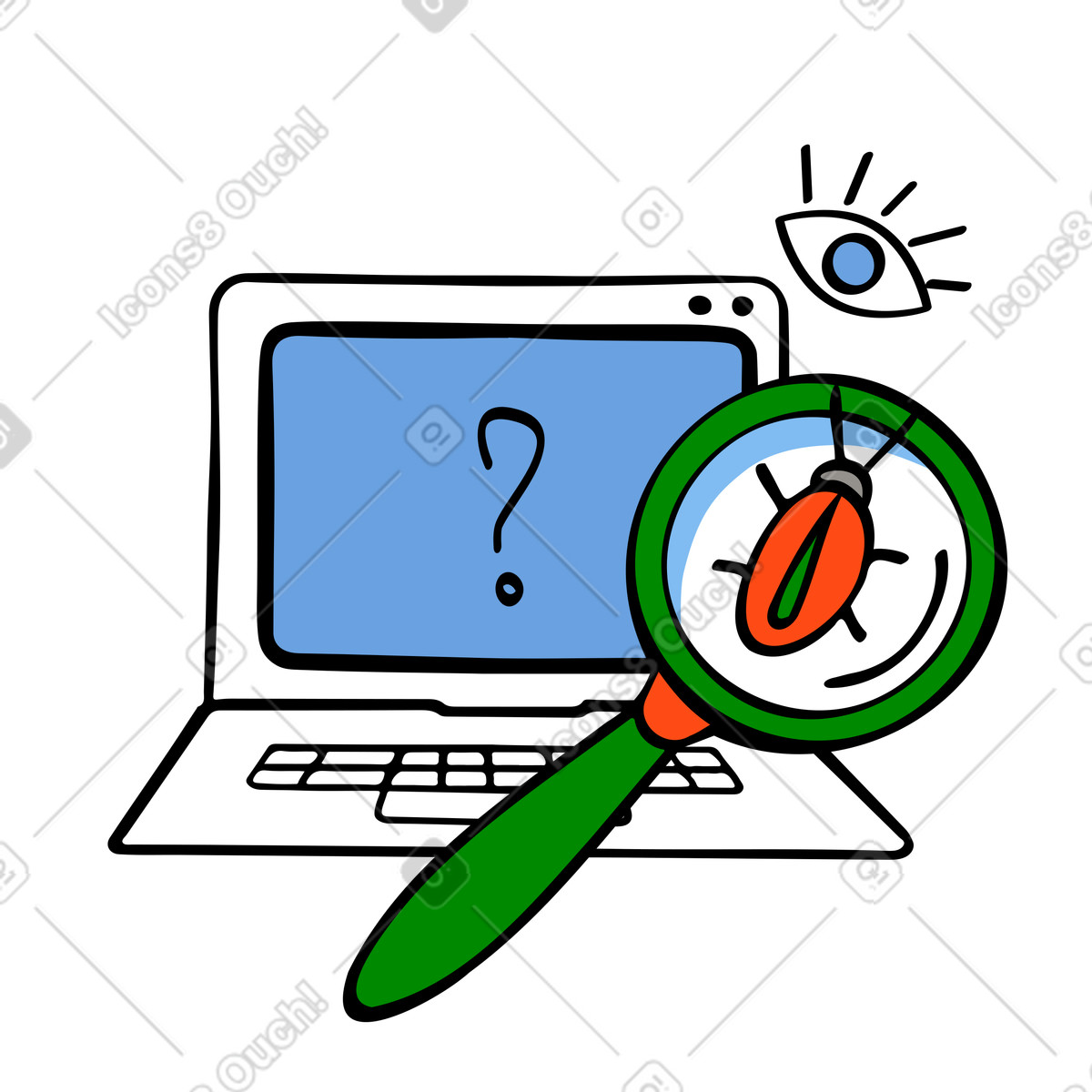 Illustration Laptop with bug under magnifier, qa testing and software debugging dans le style Comic à télécharger aux formats PNG, SVG