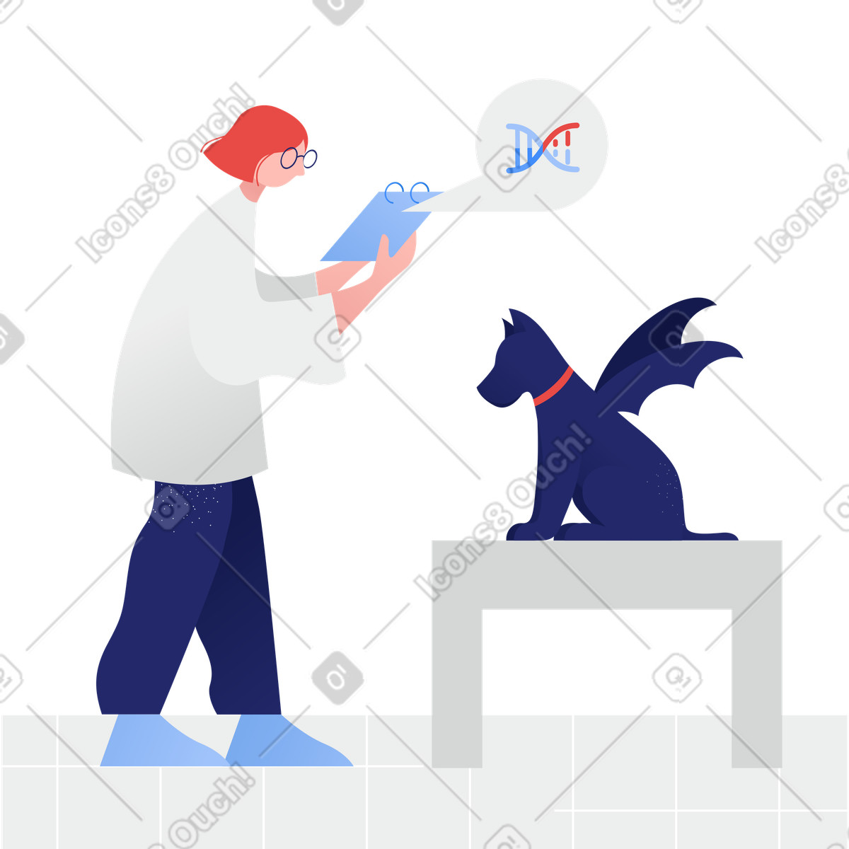 下载 Clip 风格的 一名女子对一只变异狗进行 dna 研究 插画，支持 PNG、SVG 格式