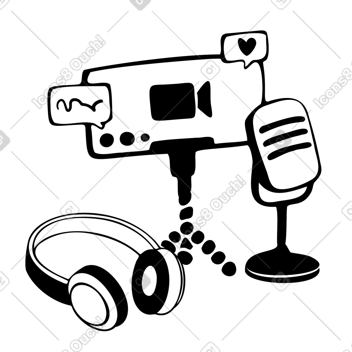 Streaming on smartphone with headphones and mic illustration in Journal style download in PNG, SVG