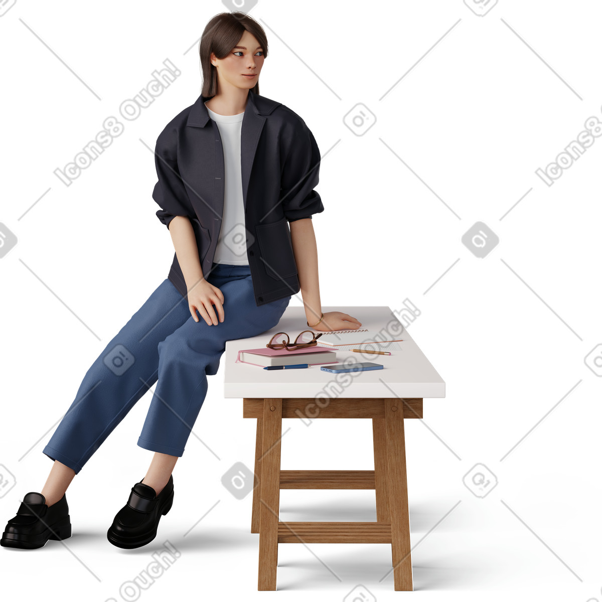 Illustration Jeune femme assise sur la table dans le style 3D Hygge à télécharger aux formats PNG, SVG