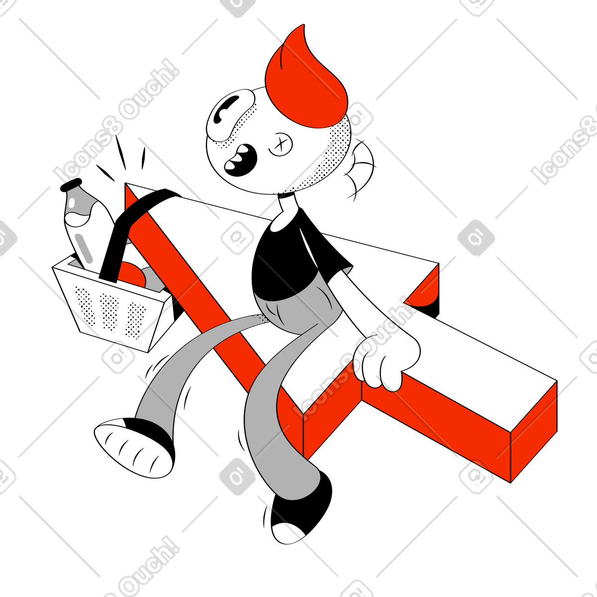 Kerl sitzt auf dem cursor mit einkaufskorb beim online-shopping-Illustration im Looney-Stil als Download in PNG, SVG
