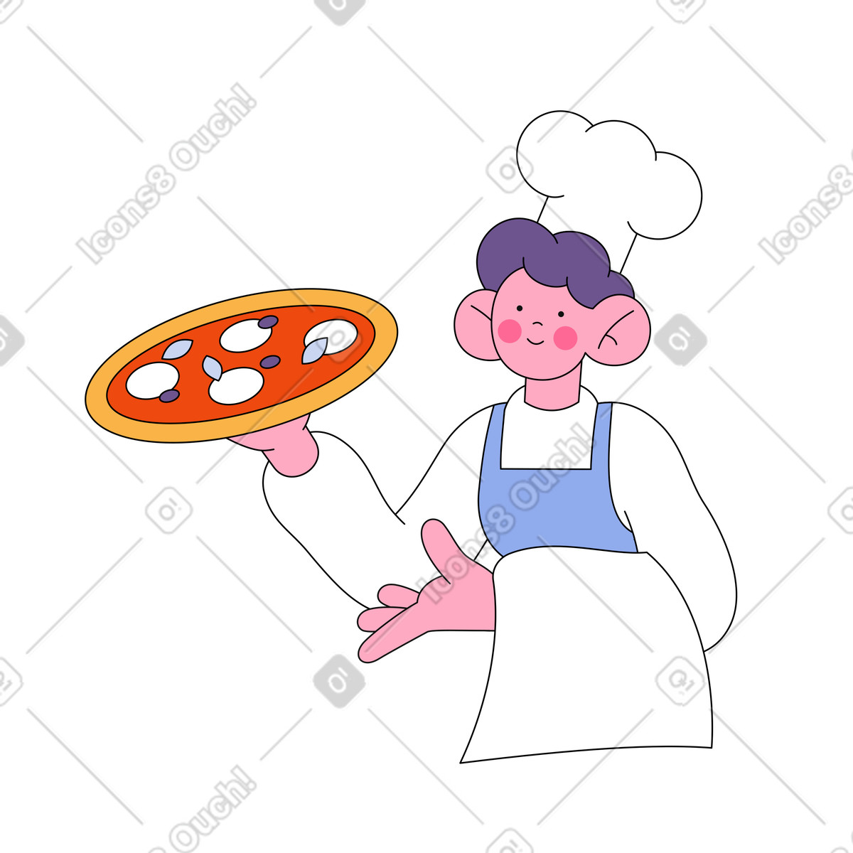 Chef che serve una pizza illustrazione in stile Bloom scarica in PNG, SVG