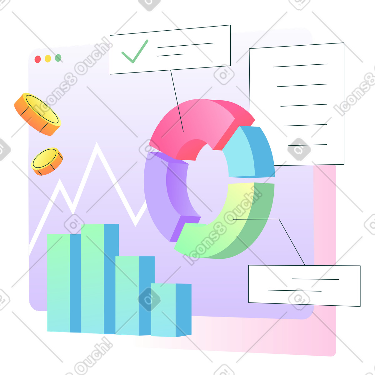 Ilustração animada de Dashboard with pie and bar charts, Financial analytics business forecasting em no estilo Florid para baixar em GIF, Lottie (JSON), AE