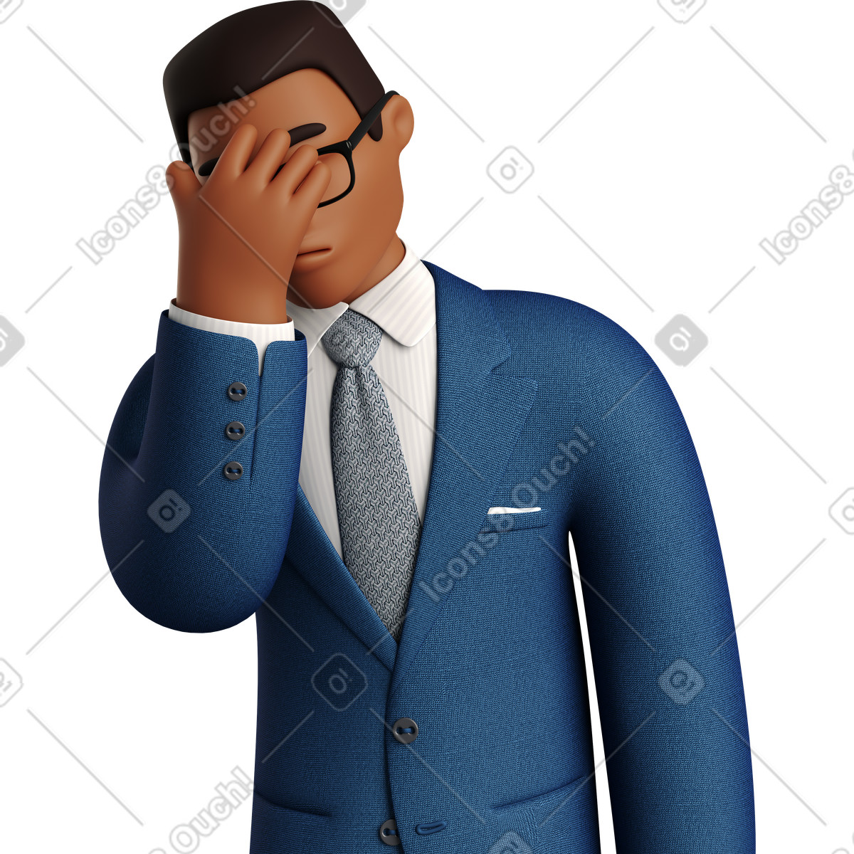 Ilustración Black businessman in blue suit facepalming en estilo 3D Business a descargar en PNG y SVG