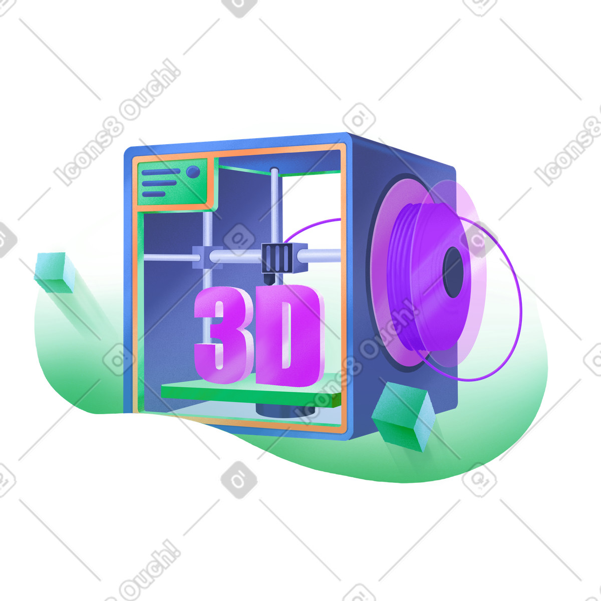 Large 3D printer with purple printed letters illustration in Smart style download in PNG, SVG